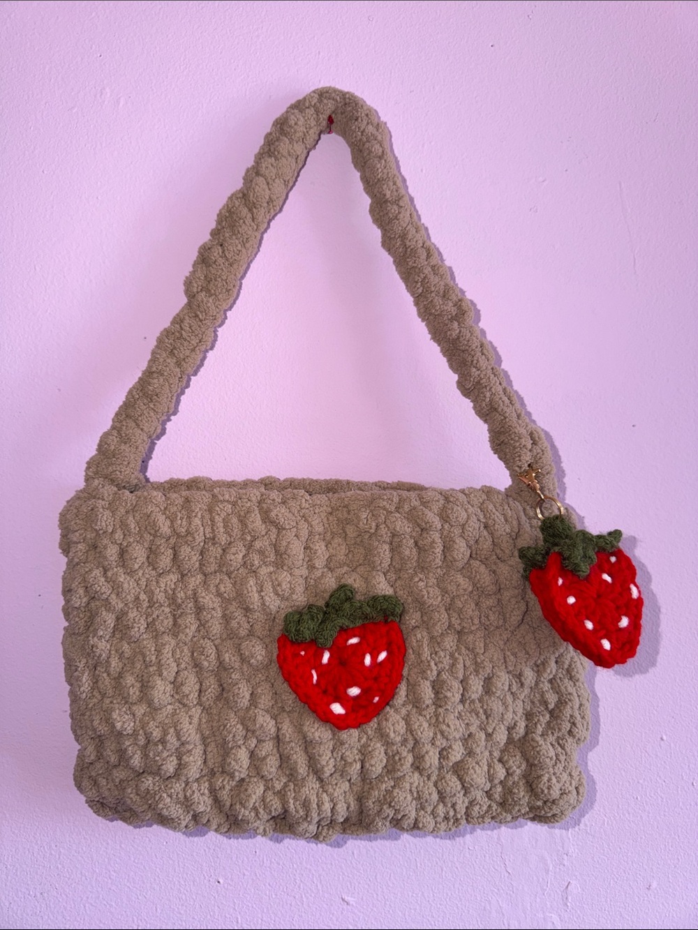Handcrafted Taupe Crochet Shoulder Bag with Red Strawberry Accent